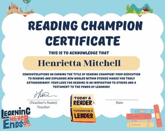 Reading Champion Certificate – Printable Award for Elementary Students (Digital Download)