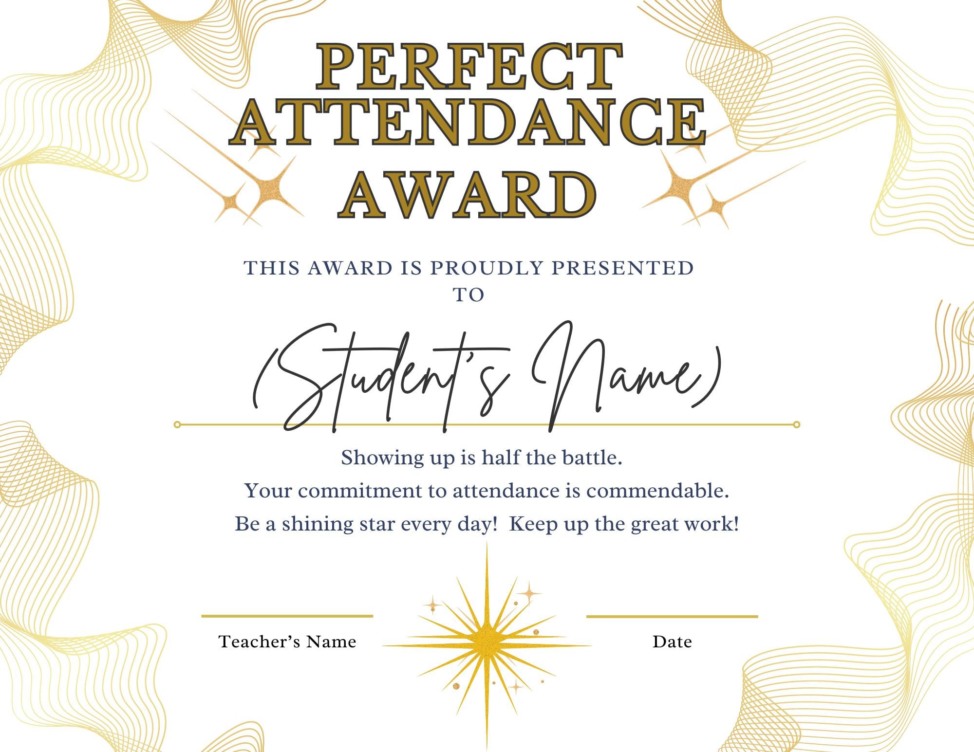 Perfect Attendance School Award Certificate, Personalized Certificate,  Digital Download and Printable Product, image size:2000x1545