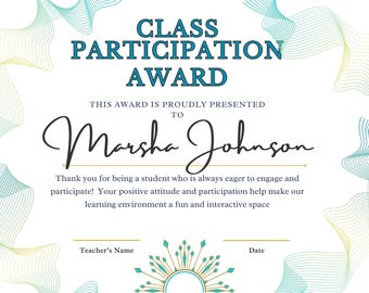 Elementary School Class Participation Award - Printable & Editable Award Certificate for Teachers