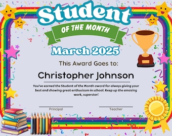 Printable Student of the Month Award Certificate - Instant Digital Download for Teachers, Educators and Home School