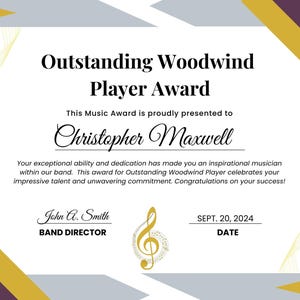 Band Award Certificates for Middle School and High School, Sectional awards, printable and editable certificates