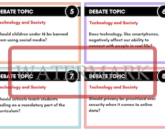 Peut inclure: Quatre cartes avec des sujets de débat sur la technologie et la société. Les sujets incluent l'utilisation des médias sociaux par les enfants, l'impact de la technologie sur les relations réelles, le codage à l'école et la confidentialité des données en ligne.
