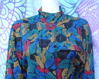 Vestido de camisa de lana pura vintage de 1980 con patrón de hoja abstracto multicolor de St Michael