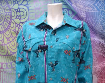 Vintage 1980's Mens Turquoise Patterned Cowboy Cut Wrangler Shirt