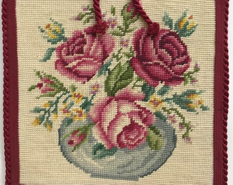 Vintage Needlepoint Wall Hanging Of Roses In Vase