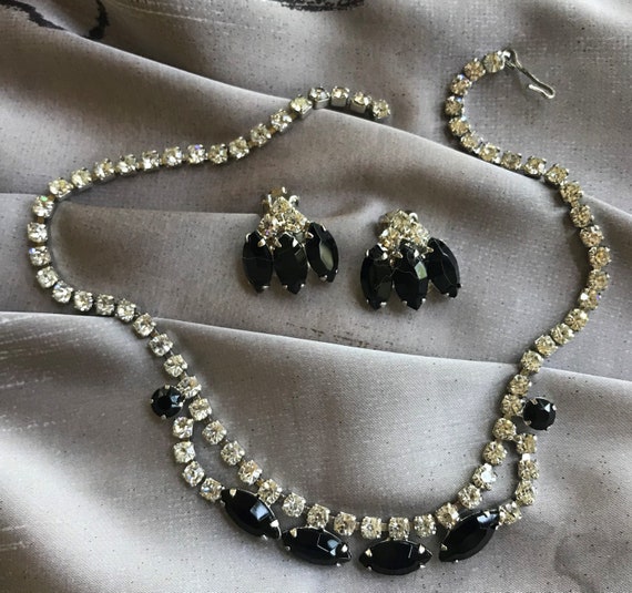 Vintage Black And Clear Rhinestone Necklace And E… - image 1