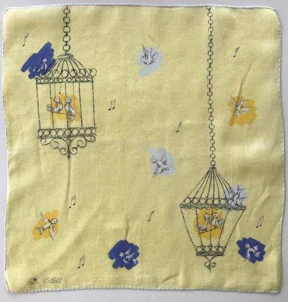 Vintage Erin O'Dell Bird Cage Handkerchief - image 1