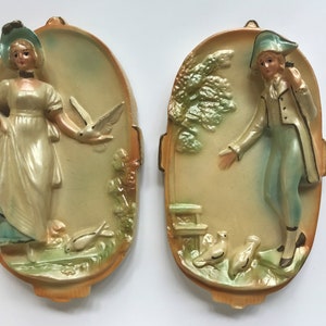 Vintage Chalkware Couple Feeding Doves