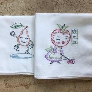 Vintage Kitchen Tea Towels With Personified Fruit