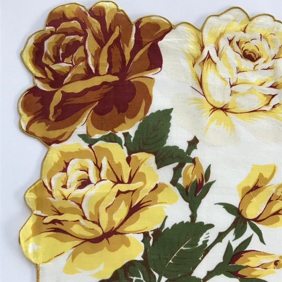 Vintage Irish Linen Yellow Rose Handkerchief