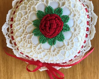 Vintage Crocheted Rose Pin Cushion