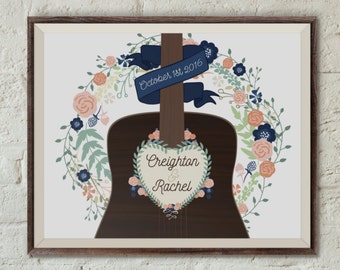 Personalized Wedding Print - Floral Wreath Acoustic Guitar Design - Customizable Digital Printable