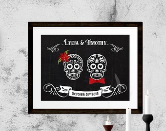 Personalized Wedding Print - Chalkboard Bride & Groom Sugar Skulls Design - Customizable Digital Printable