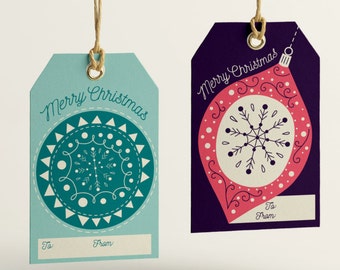 12 Ornament Merry Christmas Gift Tags or Sticker Set Printable - Wintery Blue and Feminine Pink & Purple - DIGITAL DOWNLOAD