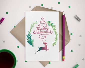 Feminine Watercolour Magenta & Emerald Christmas Card - DIGITAL DOWNLOAD