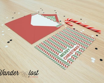 Modern Merry Christmas Card - Minimalist Red & Green Graphic Geo Chevron Pattern - DIGITAL DOWNLOAD