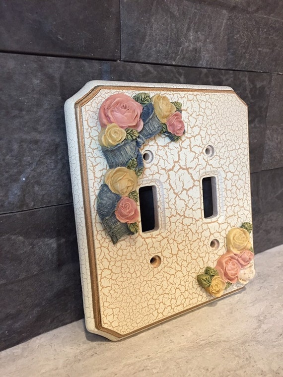 Vintage Switch Plate Decorated with Cabbage Roses White and Gold Crackled Look Double Switch Cover