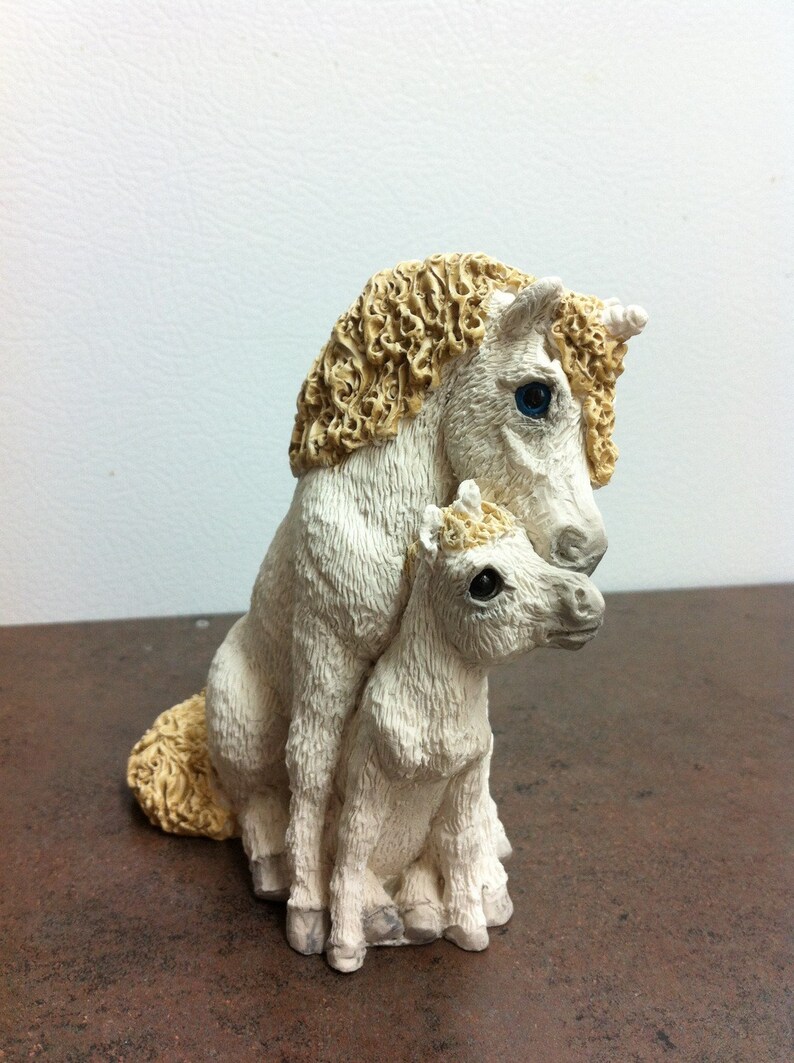 Vintage Unicorn Figurine , Stone Critters , Mama and Colt , White Horse Ornament , Stamped UDC 1992 , Gift for the Collector