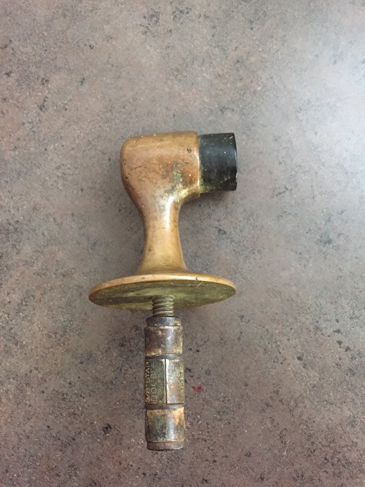 Antique Victorian Hardware Pair Vintage Brass Door Stops w Rubber Tips & Mounting Screws
