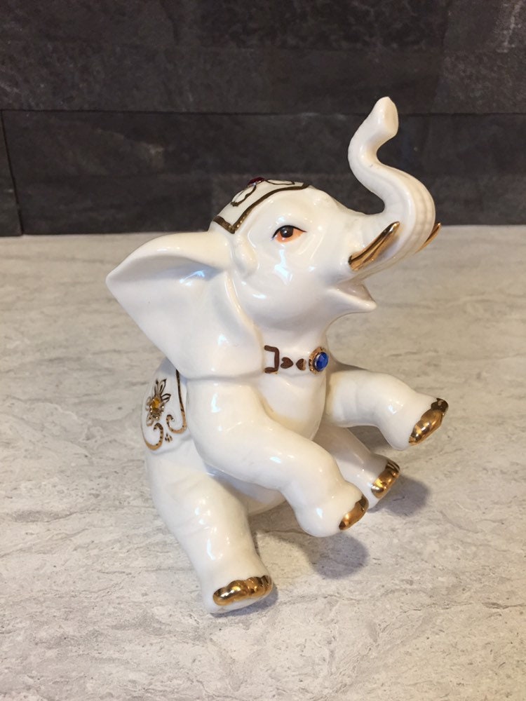 Vintage Elephant Figurine White Ceramic Jeweled Elephant Etsy