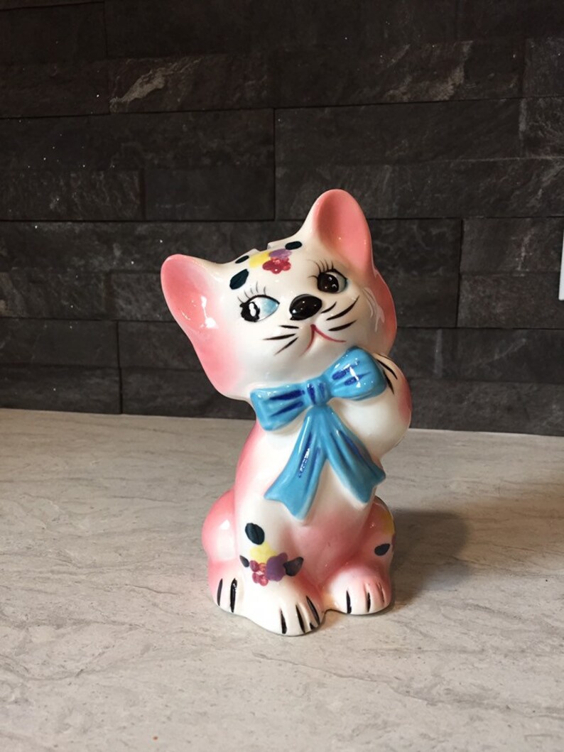 Vintage Cat Bank Pink and White Ceramic Cat Piggy Bank Etsy