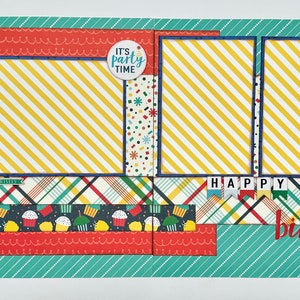 May include: A scrapbook layout with a teal, red and yellow colour scheme. It features three photo spaces, a cupcake graphic, and the text "It's party time" and "Happy birthday".