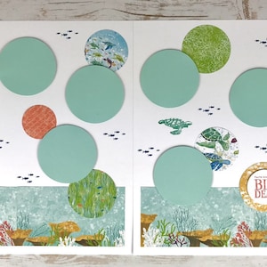 Peut inclure: Mise en page de scrapbooking sur le thème de la vie marine. Le design présente un fond blanc avec des cercles turquoise, des cercles à motifs et des illustrations de la vie marine. La bordure inférieure présente une scène océanique avec du corail et des algues. Le texte "YOU'VE GOT A BIG DEAL" est dans un cercle doré.