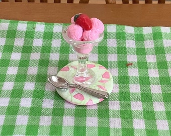 Strawberry Ice Cream Cup with Plate for 1:12 Scale Dollhouse or 1-6 Size (fashion doll size)