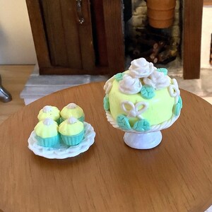 Yellow Rose Cake on Stand and Plate of Four Cupcakes for 1:12 Scale Dollhouse