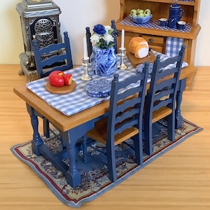 Dining Table in Blue and Oak, Four Chairs, and Accessories for 1:12 Scale Dollhouse