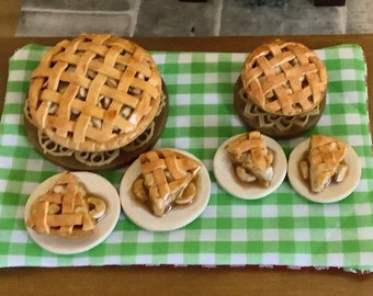 Apple Pie on Tray with Two Slices Fresh from the Clay Oven for 1:12 Scale Dollhouse or 1-6 Size (fashion doll size).