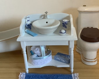 Bathroom Vanity with Sink, Blue Accessories and Rug for 1:12 Scale Dollhouse