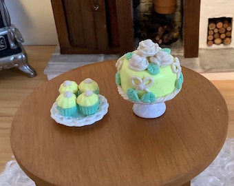 Yellow Rose Cake on Stand and Plate of Four Cupcakes for 1:12 Scale Dollhouse