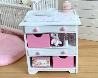 Pretty in Pink Nursery Changing Table with all Accessories for 1:12 Scale Dollhouse