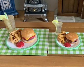 Cheeseburger, French Fries and Lemonade with Placemet in Dollhouse 1:12 Scale and 1-6 Scale (fashion doll size)