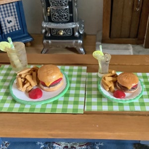 Cheeseburger, French Fries and Lemonade with Placemet in Dollhouse 1:12 Scale and 1-6 Scale (fashion doll size)