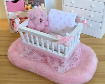 Pretty in Pink Cradle with Blanket, Rug, and Teddy Bear for 1:12 Scale Dollhouse