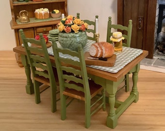 Dining Table in Green and Oak, Four Chairs and Accessories for 1:12 Scale Dollhouse