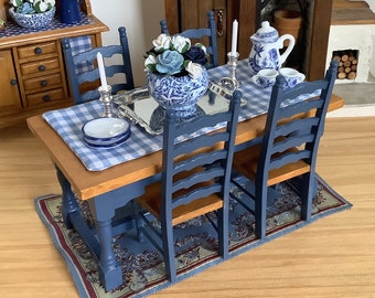 Dining Table in Blue and Oak, Four Chairs, and Accessories for 1:12 Scale Dollhouse