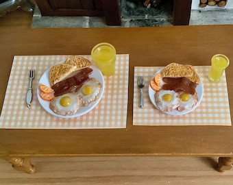 Miniature Bacon, Eggs, Toast, Orange Juice and Placemat for 1:12 Scale Dollhouse or 1/6 Fashion Doll  Size