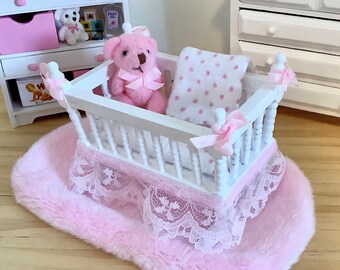 Pretty in Pink Cradle with Blanket, Rug, and Teddy Bear for 1:12 Scale Dollhouse