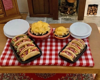 Taco Dinner with Playable Tacos a Bowl of Nachos  and Two Plates for 1:12 Scale Dollhouse or 1-6 Size (fashion doll size)