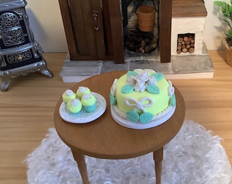 Yellow Rose Cake and Plate of Four Cupcakes for 1:6 Scale (fashion doll size)