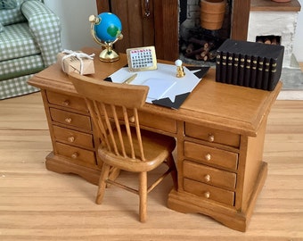 Oak Study Desk, Chair and Accessories for 1:12 Scale Dollhouse