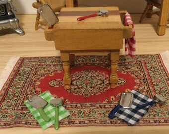 Butcher Block Table in Oak highlights with Accessories for 1:12 Scale Dollhouse