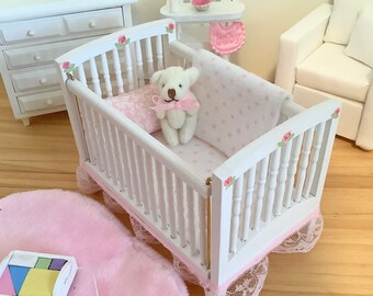 Pretty in Pink Dollhouse Crib , Rug and Accessories for 1:12 Scale Dollhouse.