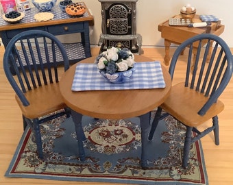 Blue and Oak Round Table, Two Chairs and Centerpiece for 1:12 Scale Dollhouse