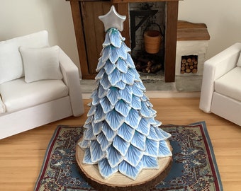 Polymer Clay Christmas Tree in Blues and White with Tea Light for 1:12 Scale Dollhouse