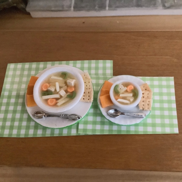 Chicken Noodle Soup with Cheese and Crackers and Placemat for 1:12 Scale Dollhouse or 1-6 Size (fashion doll size)