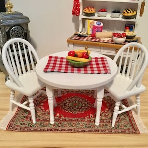 White Round Table and Two Chairs with Reversible Placemat and Bowl of Fruit for 1:12 Scale Dollhouse (additional chairs available)
